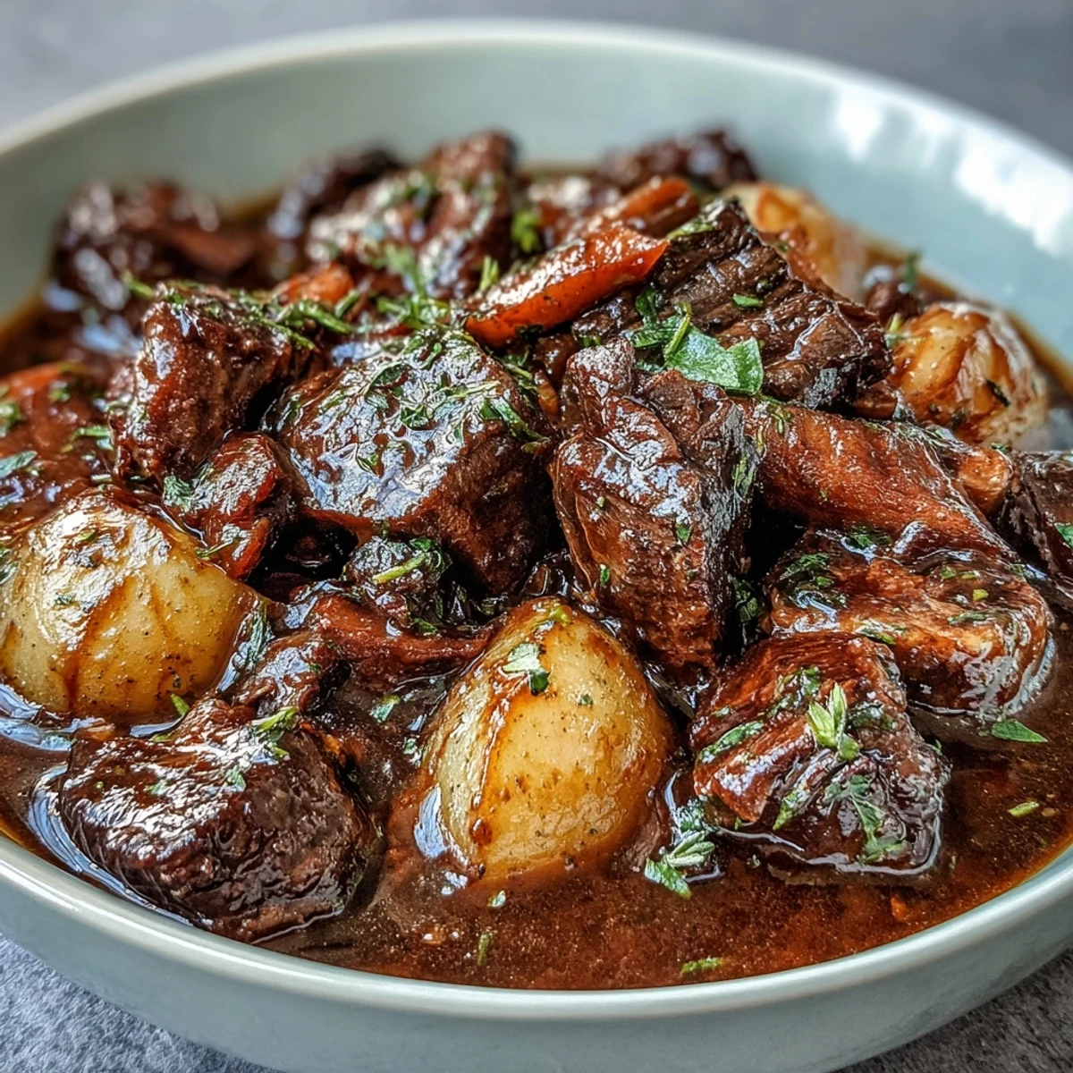 Un guiso de res abundante con carne tierna y vegetales de raíz en un caldo rico y aromático.