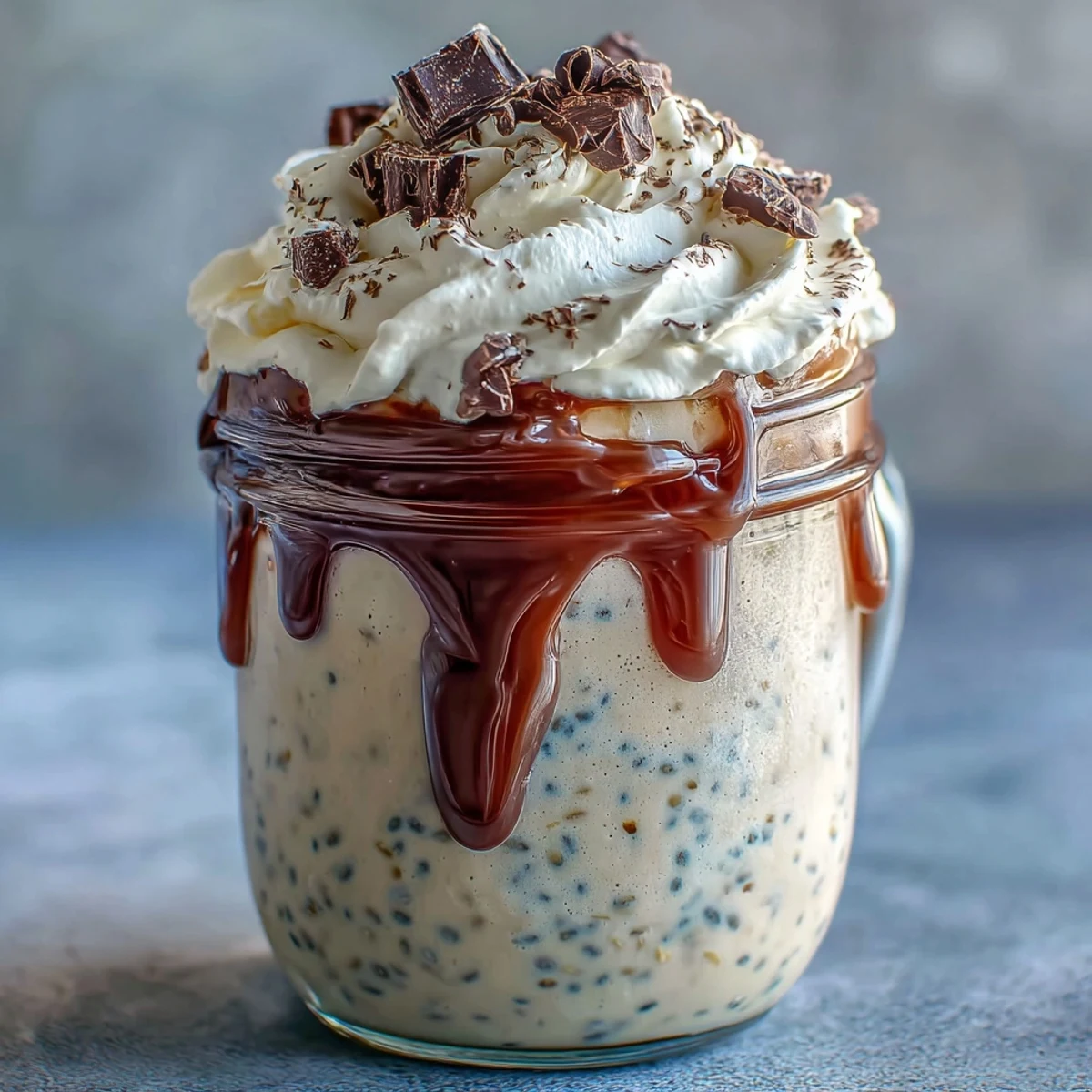 Tarro de avena nocturna con sabor a vainilla y frappuccino, cremoso y aromático con vainilla y espresso.  