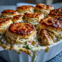 Un cuenco de crema de pollo con verduras y una dorada cobertura de galletas esponjosas.  