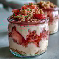 Deliciosos overnight oats de cheesecake de fresa con galletas Graham crujientes, perfectos para un desayuno cremoso y saludable.  