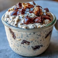 Overnight oats con sabor a masa de galleta y proteína, decorados con chispas de chocolate y nueces.