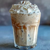 Batido de proteínas con vainilla y frijol, cremoso y espumoso con hielo triturado y una cucharada de crema batida ligera.  