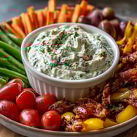 Plato de verduras vibrante con zanahorias baby, pepinos y pimientos dispuestos en forma de pollitos junto a hummus cremoso de ranch.