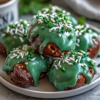 Bocados de pretzel con forma de trébol de San Patricio, bañados en cobertura de dulce verde brillante y espolvoreados con azúcar de colores.
