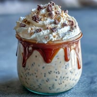 Tarro de avena nocturna con sabor a Frappuccino de vaina de vainilla cremoso y café, con capas en frasco para postre o desayuno decadente.