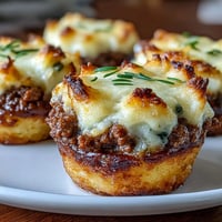 Pastelitos individuales de carne y puré de patatas en moldes de muffins, horneados hasta dorarse.