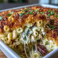 Cazuela de macarrones con queso al estilo soul food con cobertura crujiente dorada y burbujeante.