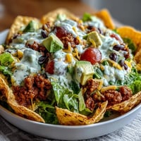 1. Vibrant taco salad bowls filled with seasoned ground turkey, crisp romaine lettuce, black beans, and cherry tomatoes, topped with creamy Greek yogurt ranch dressing.  