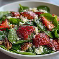 Ensalada de espinacas con fresas frescas y aderezo de semillas de amapola con queso feta y nueces tostadas.  