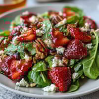 Ensalada de Fresa y Rúcula con Glaseado Balsámico para Cena Primaveral, con fresas frescas, rúcula picante y queso de cabra cremoso.