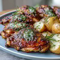 Pollo asado con hierbas y limón, tierno y aromático, acompañado de papas baby doradas y crujientes.