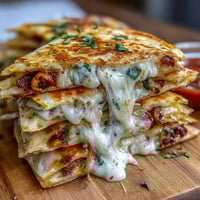 Mini quesadilla triangles doradas con queso derretido, servidas con salsa fresca de tomate y cilantro.