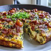 Frittata de jamón y queso en sartén, dorada y esponjosa, con trozos de jamón y queso derretido.