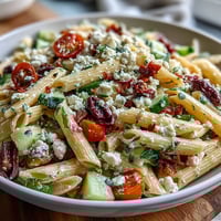 Ensalada griega de pasta con aceitunas y queso feta, llena de colores vibrantes y sabores mediterráneos frescos.  