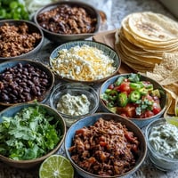 Barra de tacos festiva para el Cinco de Mayo con pollo, carne y frijoles, servida con tortillas calientes, verduras frescas y salsas variadas.