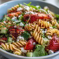 Ensalada de pasta de primavera con fresas, queso feta y rúcula fresca, colorida y refrescante.