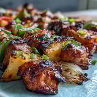 Brochetas de pollo con piña a la parrilla con trozos jugosos de fruta y pollo tierno perfectas para barbacoas de verano.