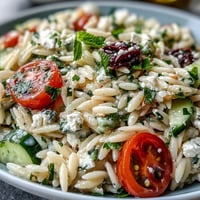 Ensalada de orzo con pepino, feta y aderezo de limón, vibrante y fresca.