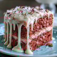 Elegante pastel de terciopelo rosado con rosé y goteo dorado, decorado con flores comestibles y brillo dorado.