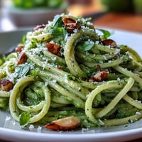 Pasta cremosa de aguacate y pesto, cubierta con queso parmesano fresco.