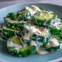 Ensalada viral de pepino cremoso cubierta con todo sazonador de bagel.