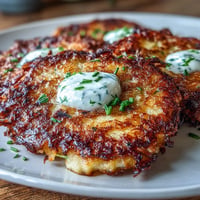 Pan-fried potato pancakes, golden brown and perfectly crisp, ready to serve.