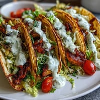 Crocantes tacos de col a la César con aderezo cremoso, listos para disfrutar.