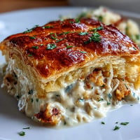 Delicioso pastel de sopa de almejas, horneado dorado con costra hojaldrada.