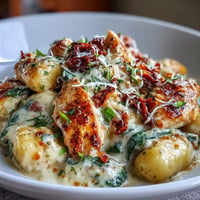 Pollo toscano cremoso con ñoquis: dorados, tiernos, en salsa rica con espinacas.